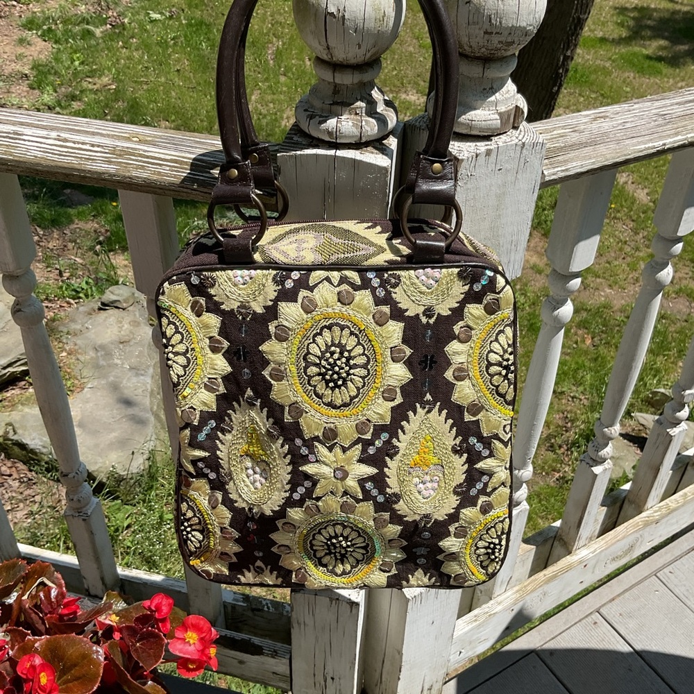 Via Pondichery Embroidered Floral Brown and Yellow Tote Bag